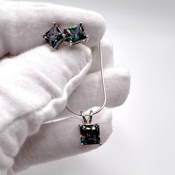 .925 Sterling Silver Rainbow Topaz Cz Necklace & Earring Set - Picture 3 of 16